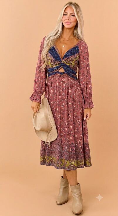 Angie Dresses & Skirts - Angie Boho Paisley Floral Twist Front Cutout Maxi Dress M Terracota Fall Cutout